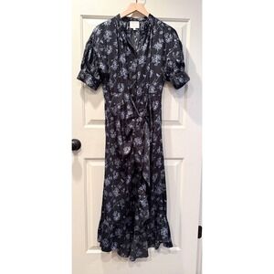 Cinq a Sept Halette Floral Tie Waist Ruffle Dress 4 Black Blue Short Sleeve Dark